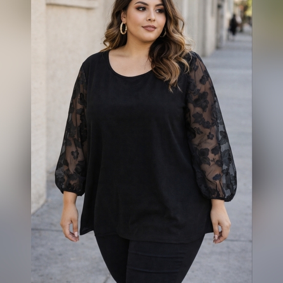 Emery Rose Tops - Emery Rose Plus Size Black Sheer Floral Sleeve Blouse | Elegant Chic Office Top